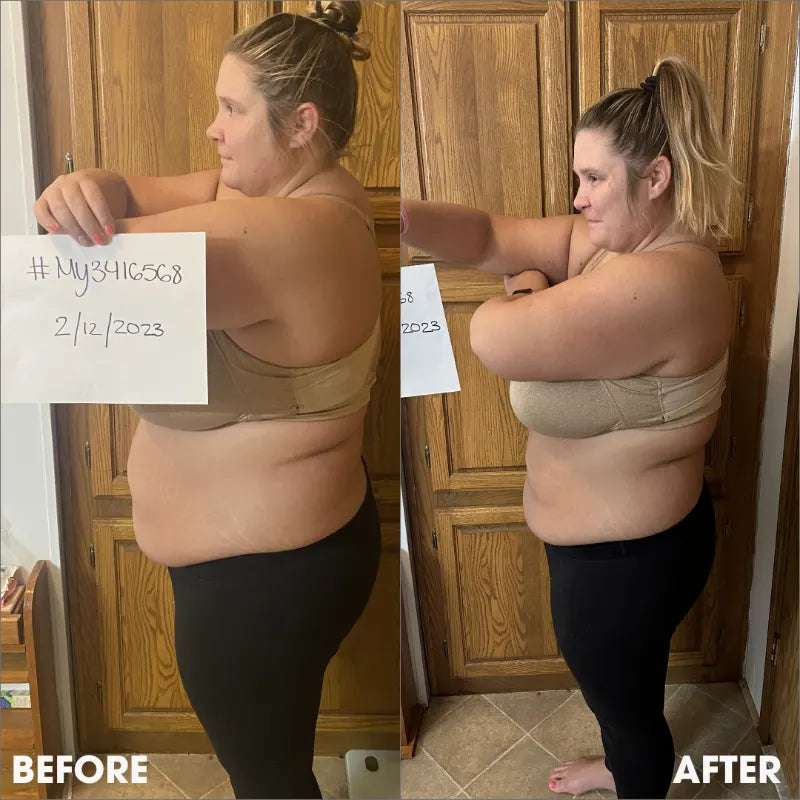 Before and after transformation photos from a real Obvi community member