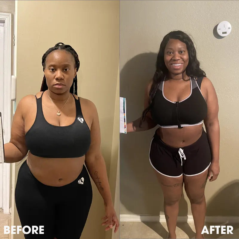 Before and after transformation photos from a real Obvi community member