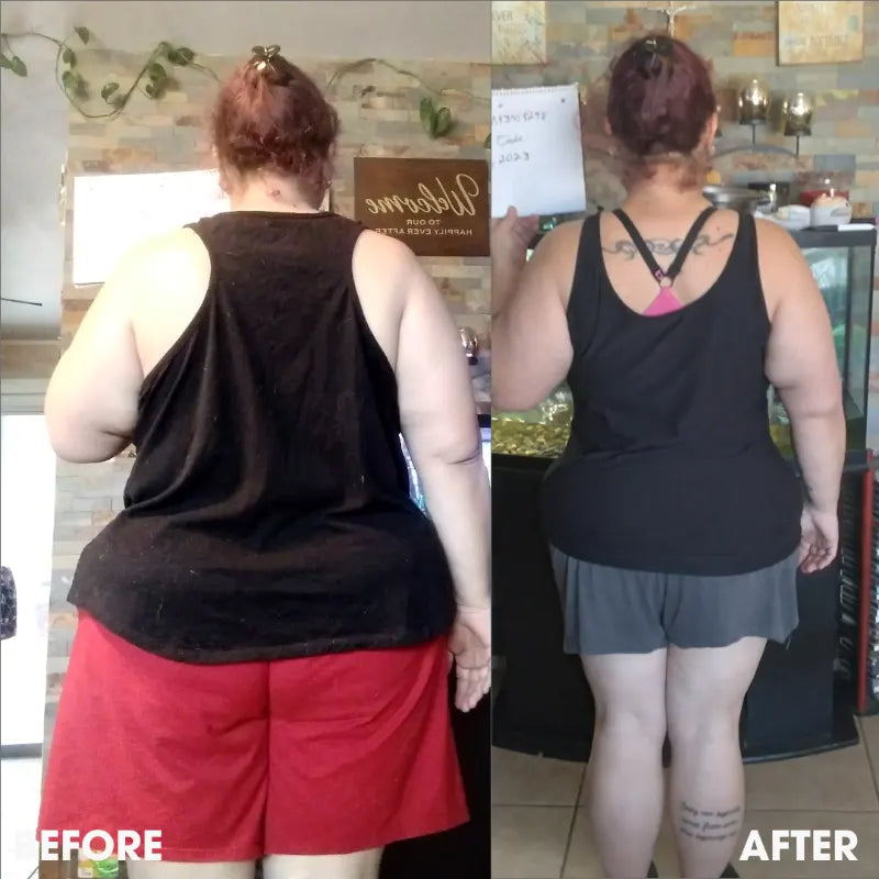Before and after transformation photos from a real Obvi community member
