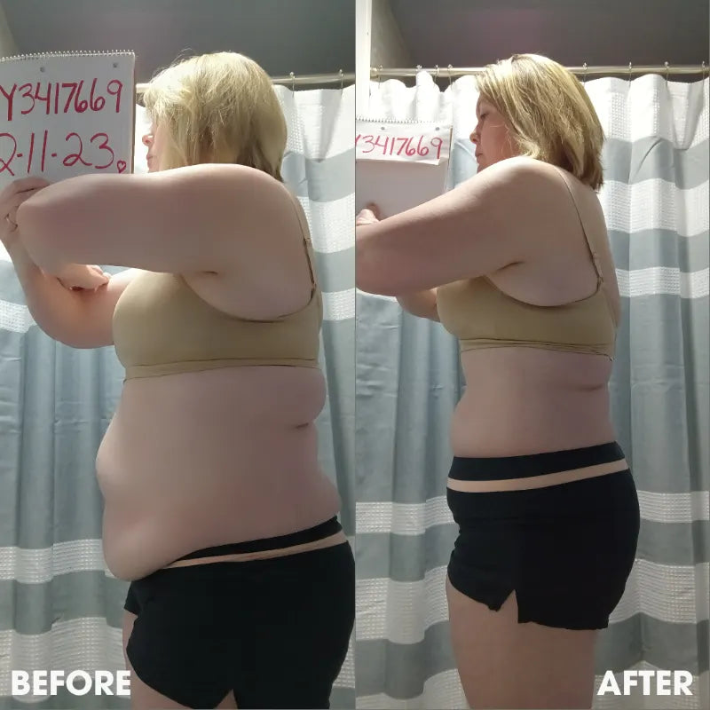 Before and after transformation photos from a real Obvi community member