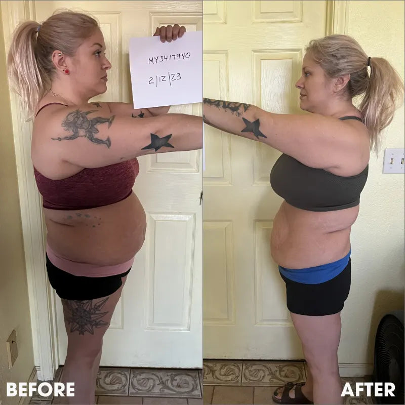 Before and after transformation photos from a real Obvi community member