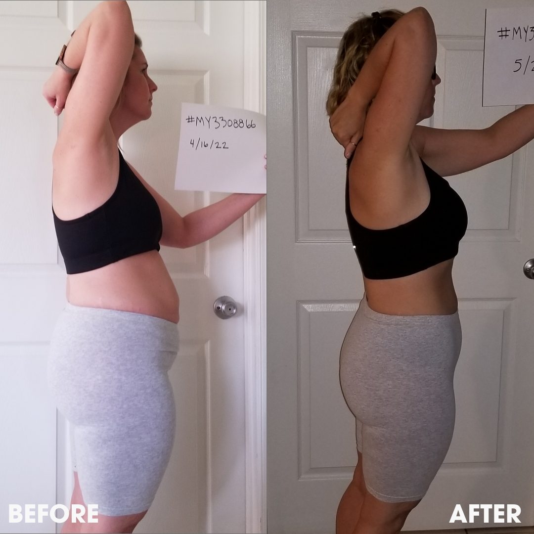 Before and after transformation photos from a real Obvi community member