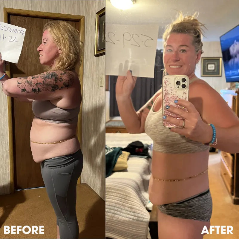 Before and after transformation photos from a real Obvi community member