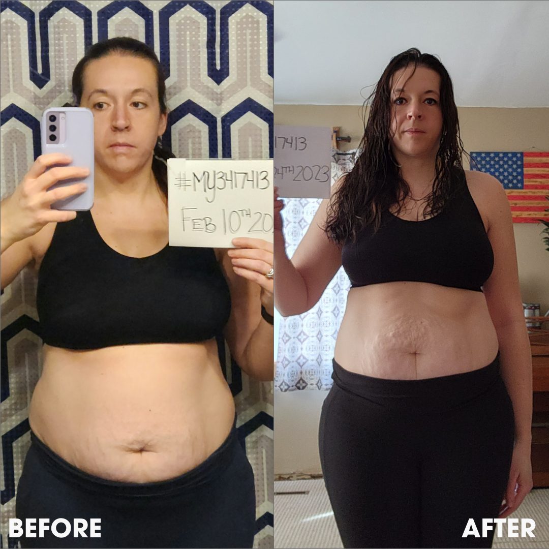 Before and after transformation photos from a real Obvi community member