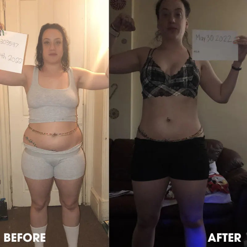 Before and after transformation photos from a real Obvi community member