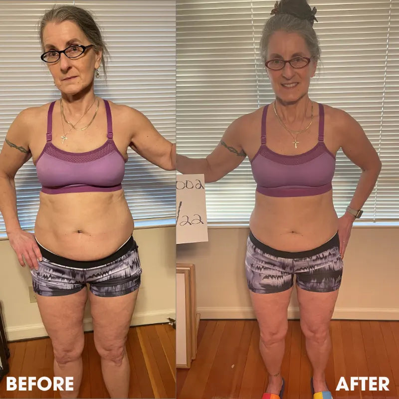 Before and after transformation photos from a real Obvi community member