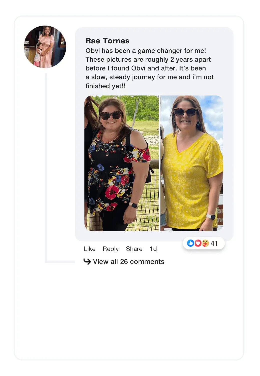 Facebook post from Obvi community member Rae about her slow steady journey
