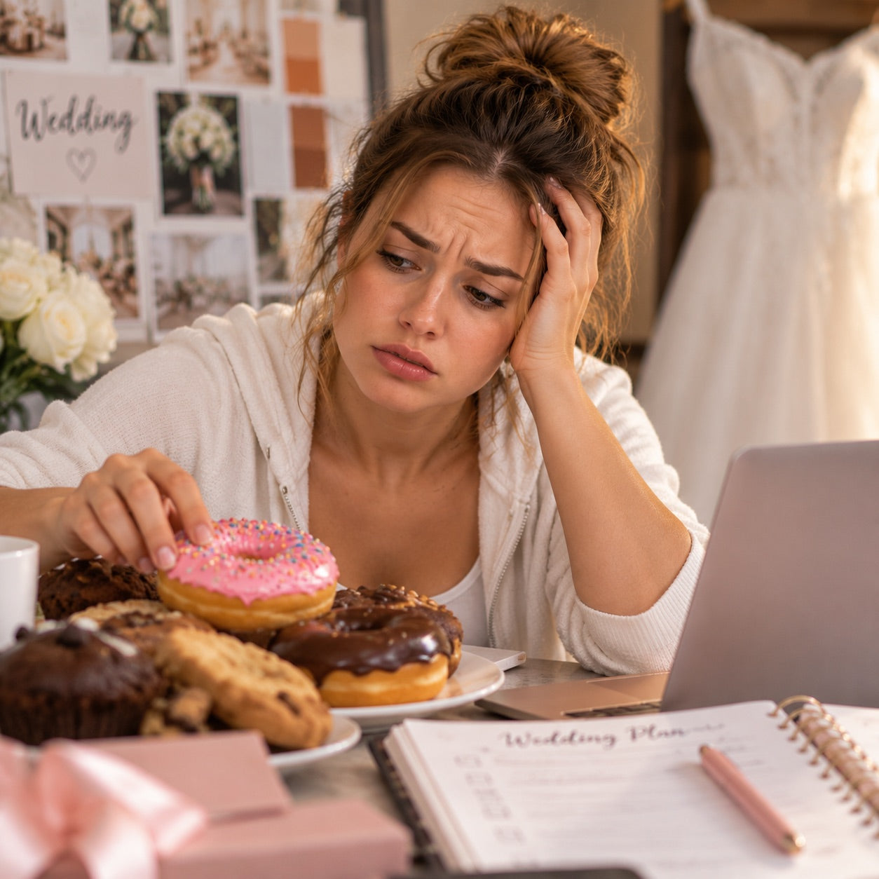 Bride-to-be planning beside a laptop and donuts