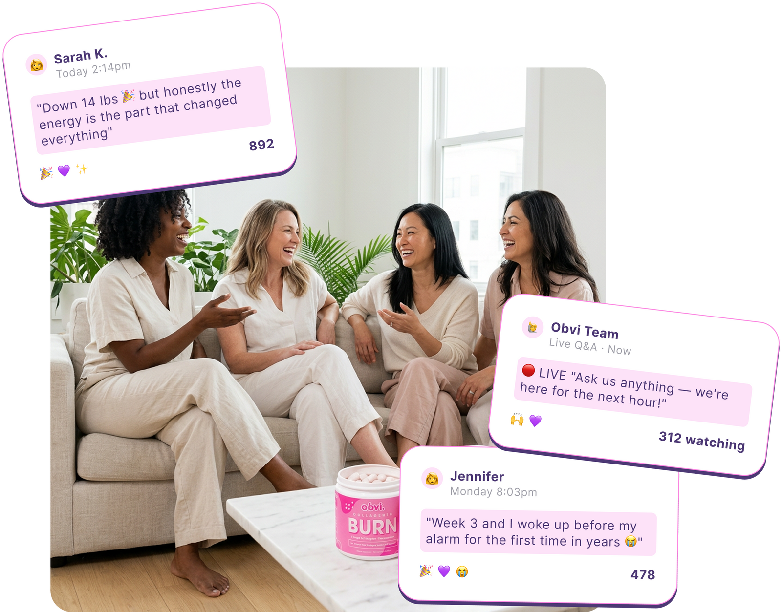 Join 150,000 women who share wins, struggles, and cheat-day recipes in our private group.