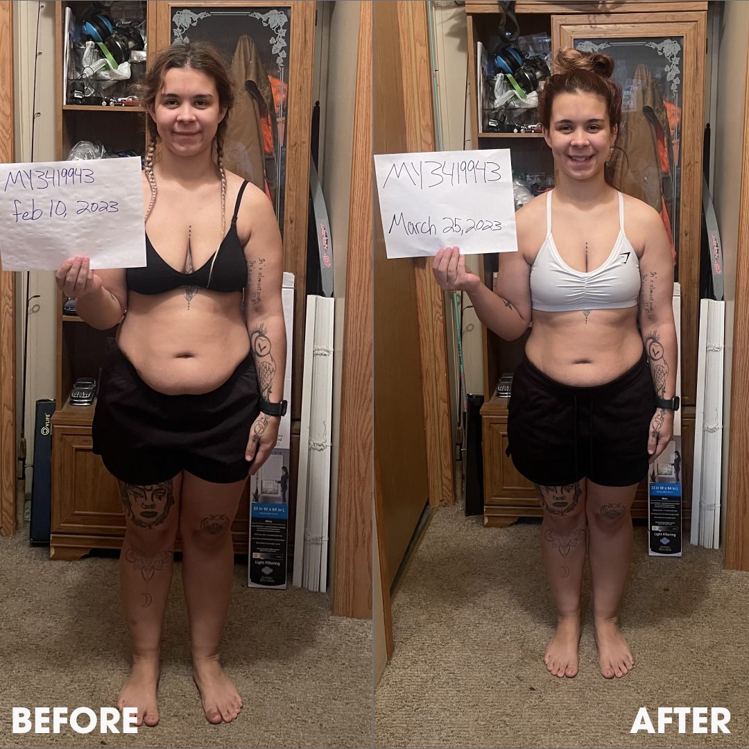 Before and after transformation photos from a real Obvi community member