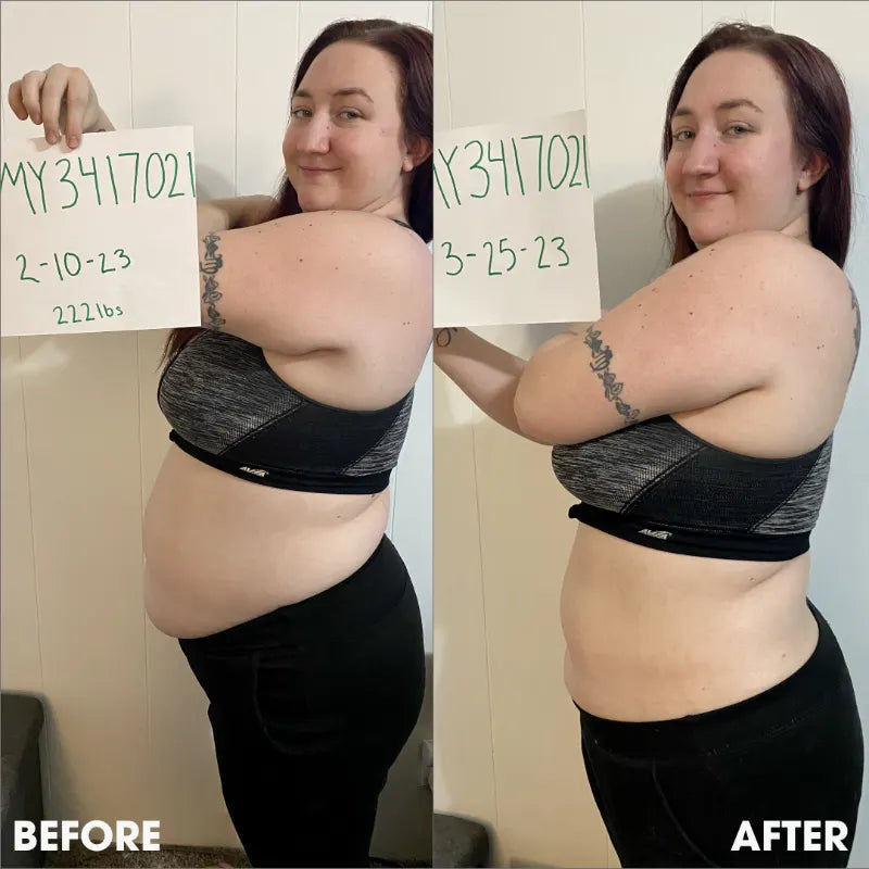 Before and after transformation photos from a real Obvi community member