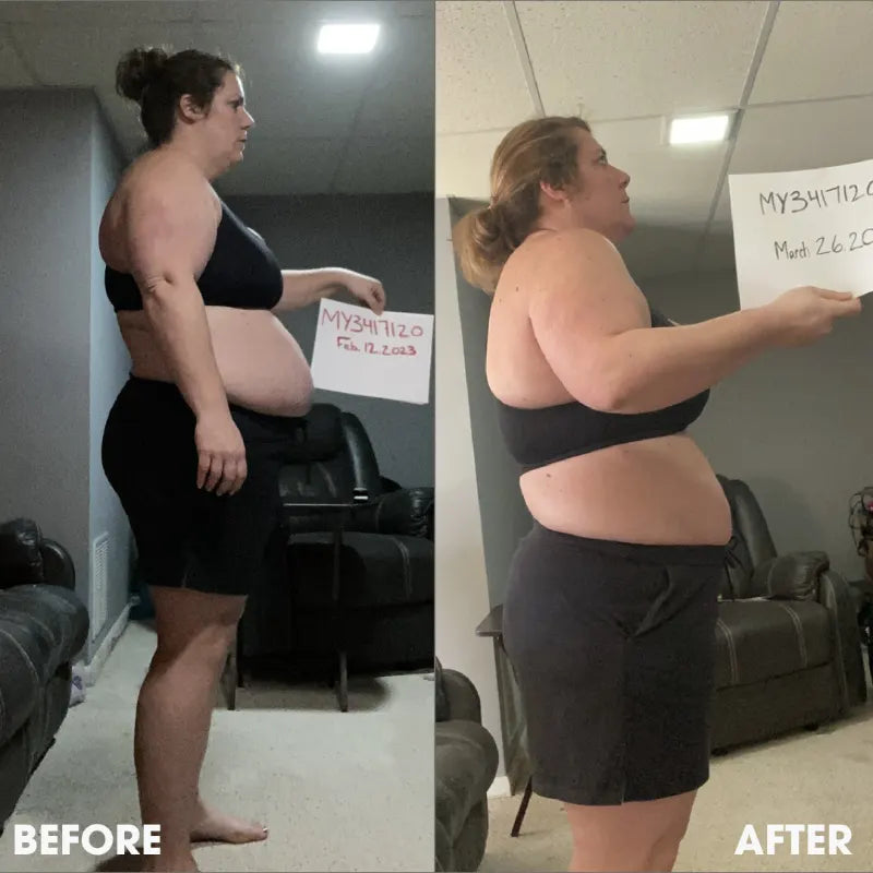 Before and after transformation photos from a real Obvi community member