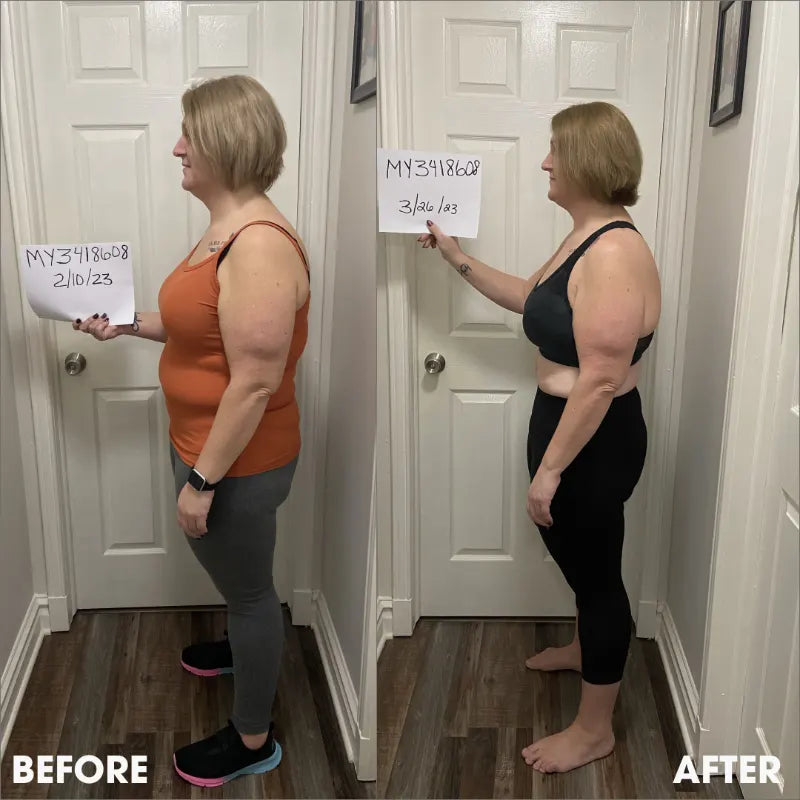 Before and after transformation photos from a real Obvi community member