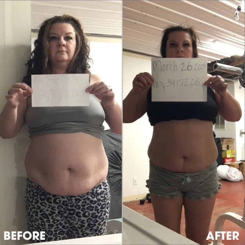 Before and after transformation photos from a real Obvi community member