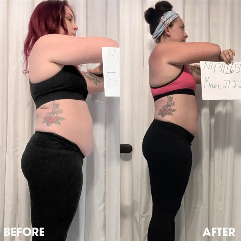 Before and after transformation photos from a real Obvi community member