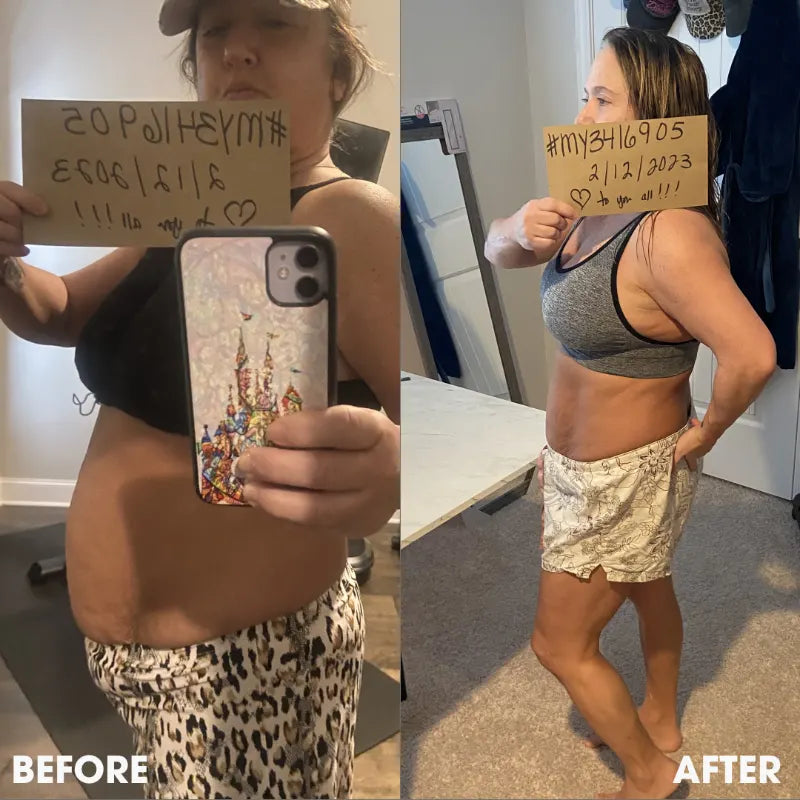Before and after transformation photos from a real Obvi community member