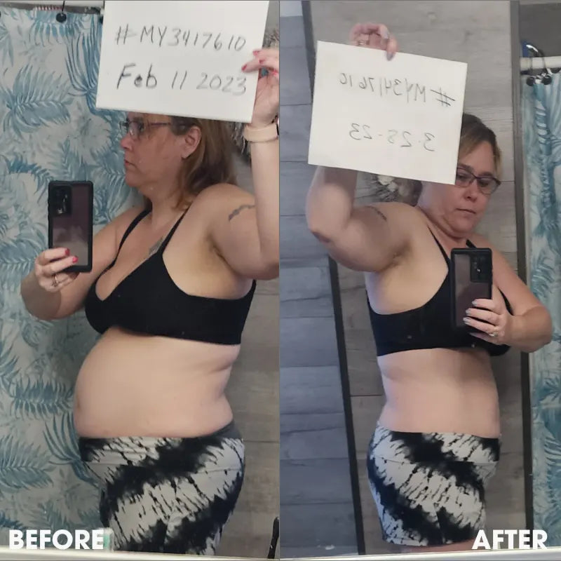 Before and after transformation photos from a real Obvi community member