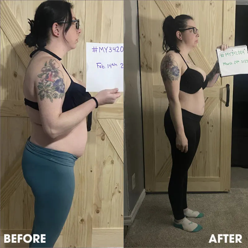 Before and after transformation photos from a real Obvi community member