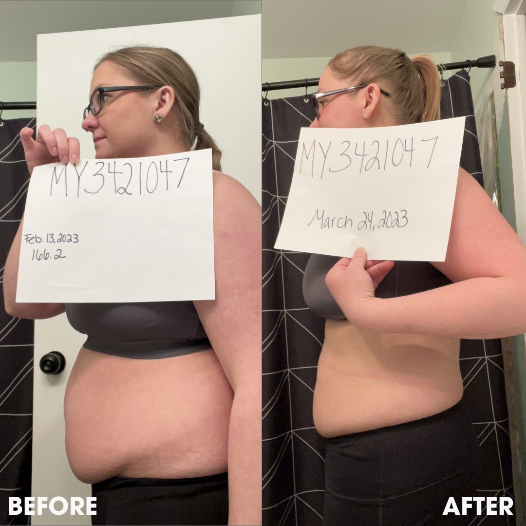 Before and after transformation photos from a real Obvi community member