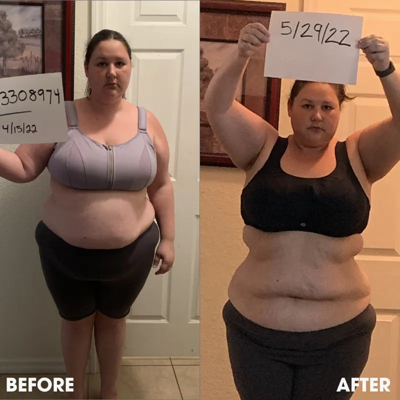 Before and after transformation photos from a real Obvi community member