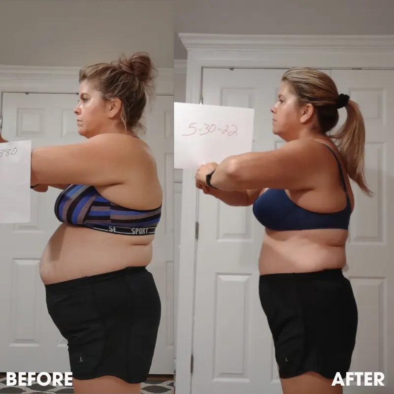 Before and after transformation photos from a real Obvi community member
