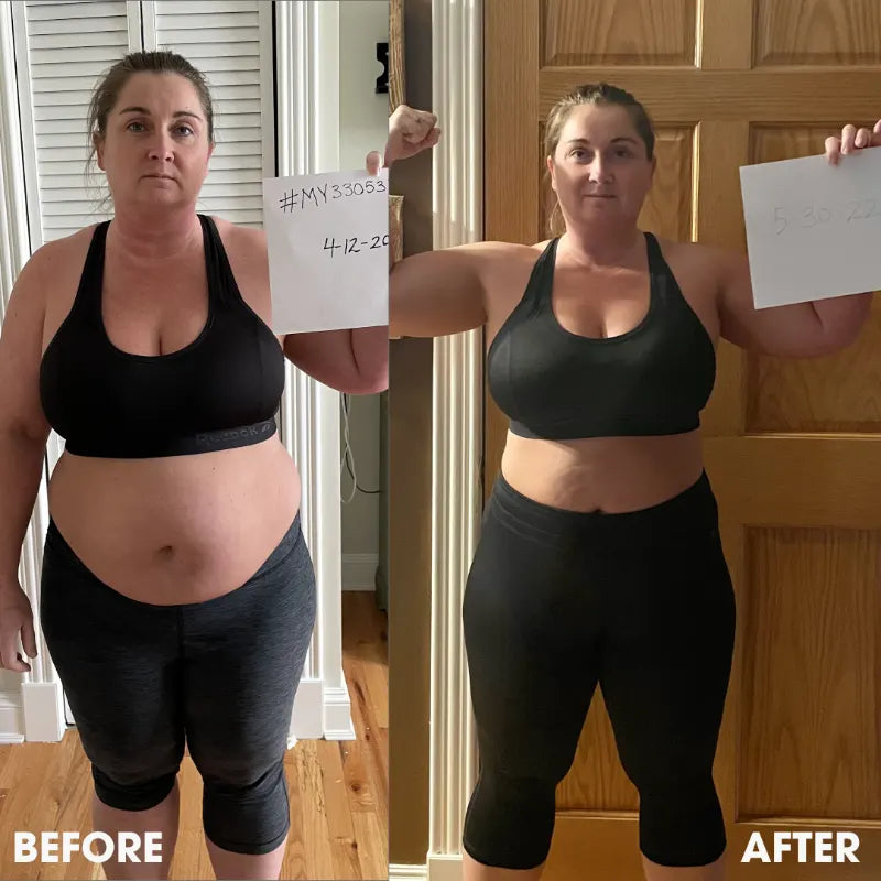 Before and after transformation photos from a real Obvi community member