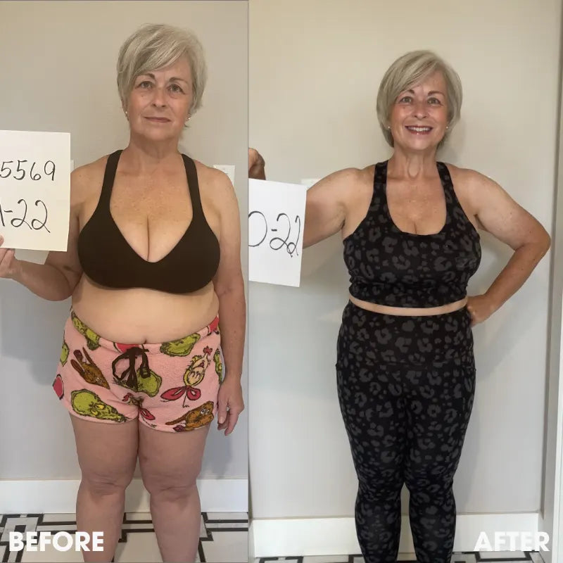 Before and after transformation photos from a real Obvi community member