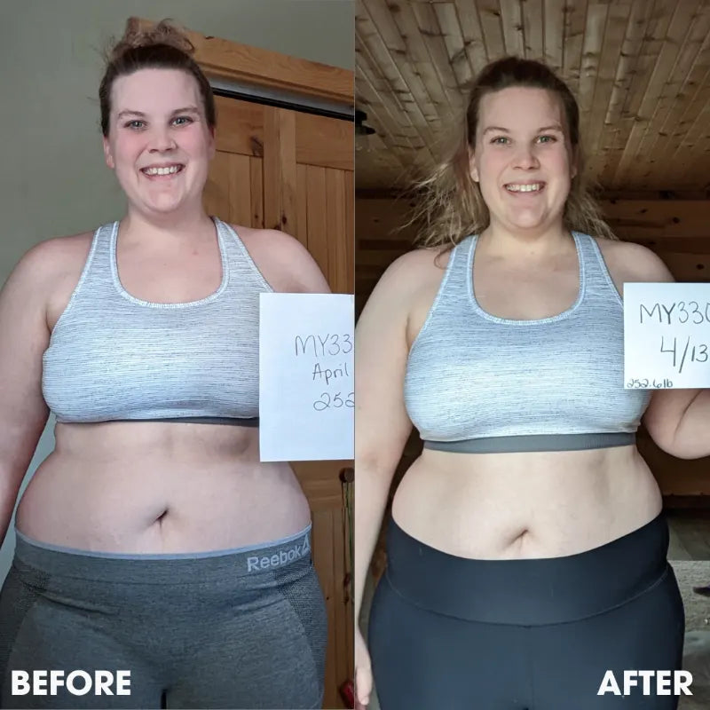 Before and after transformation photos from a real Obvi community member