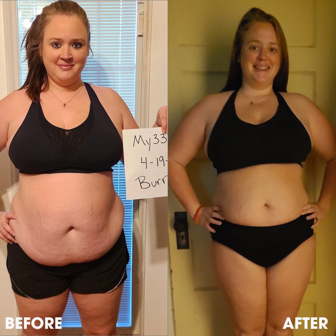Before and after transformation photos from a real Obvi community member