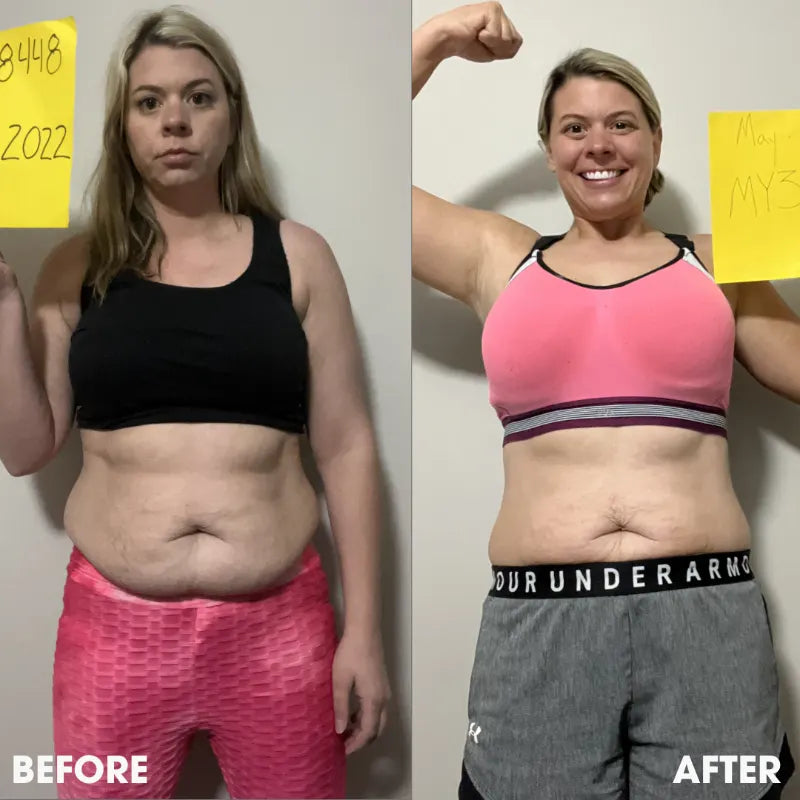 Before and after transformation photos from a real Obvi community member