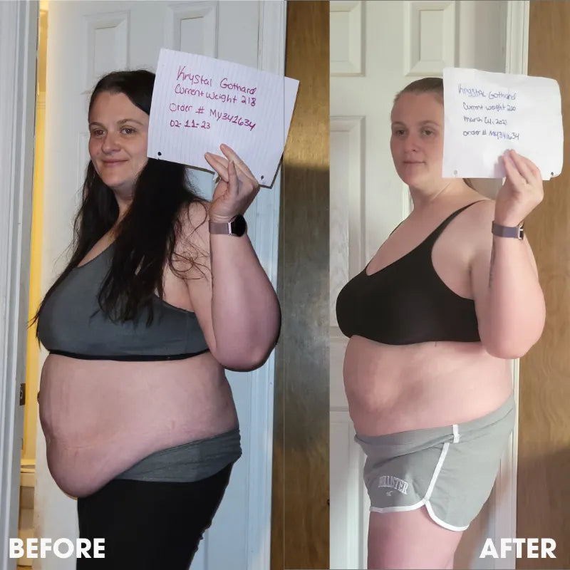Before and after transformation photos from a real Obvi community member