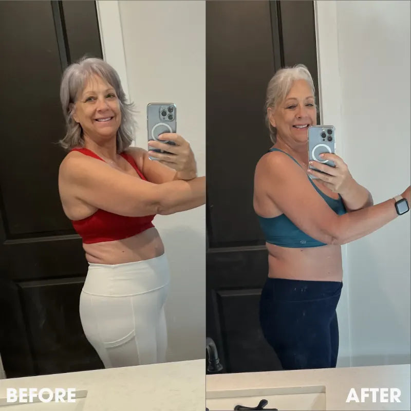 Before and after transformation photos from a real Obvi community member