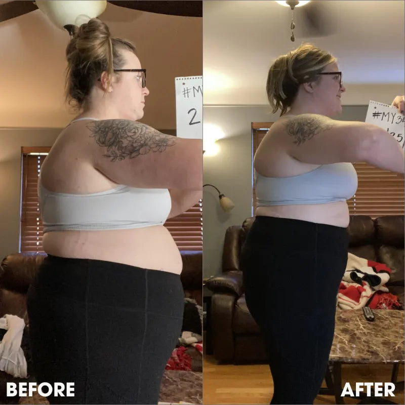 Before and after transformation photos from a real Obvi community member