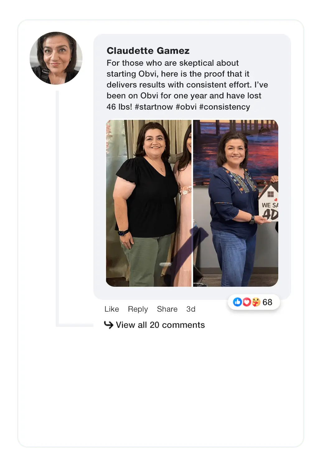 Facebook post from Obvi community member Claudette addressed to the skeptics