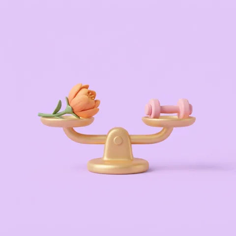 Balance scale weighing a safflower blossom and a small dumbbell
