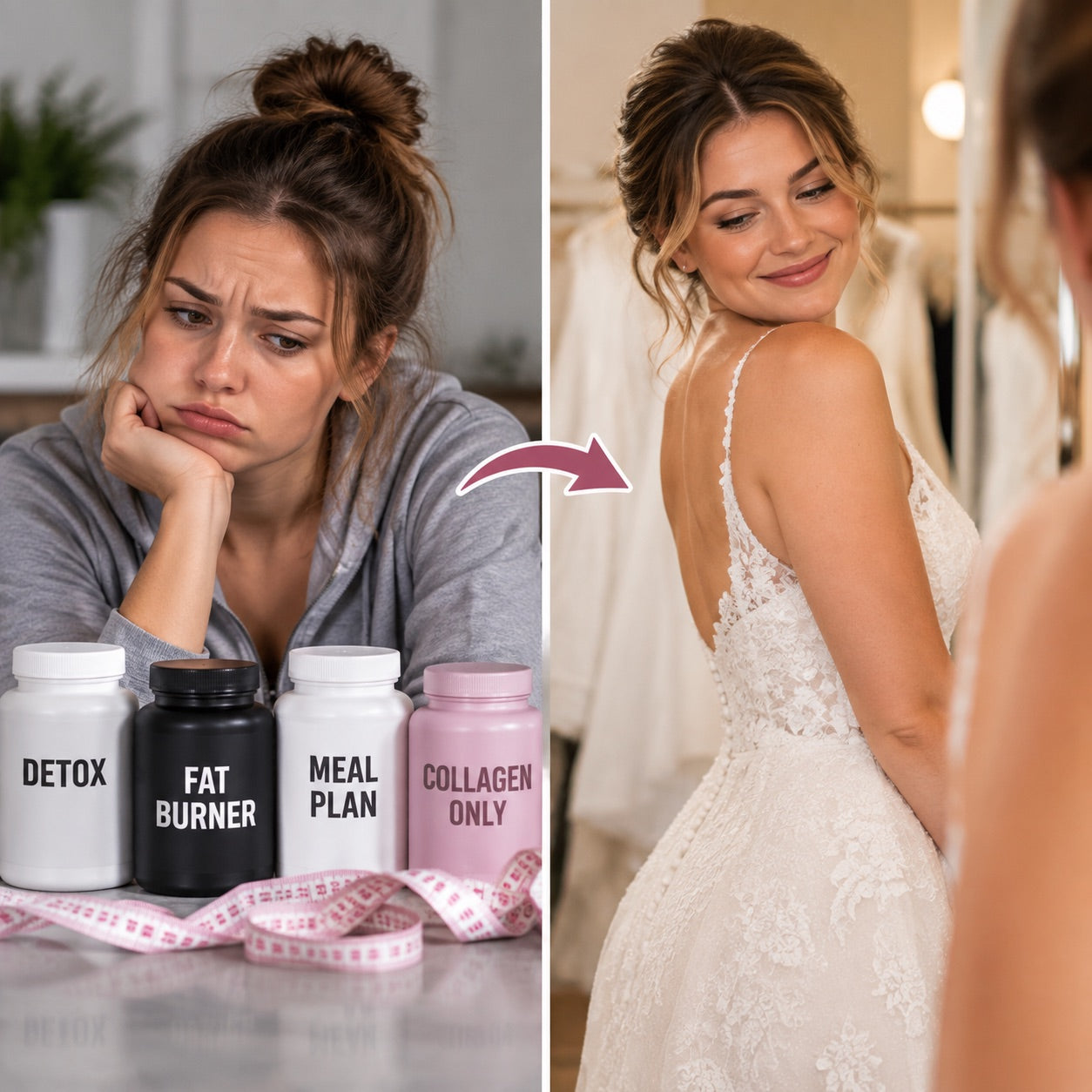 Illustration comparing wedding wellness products and a smiling bride