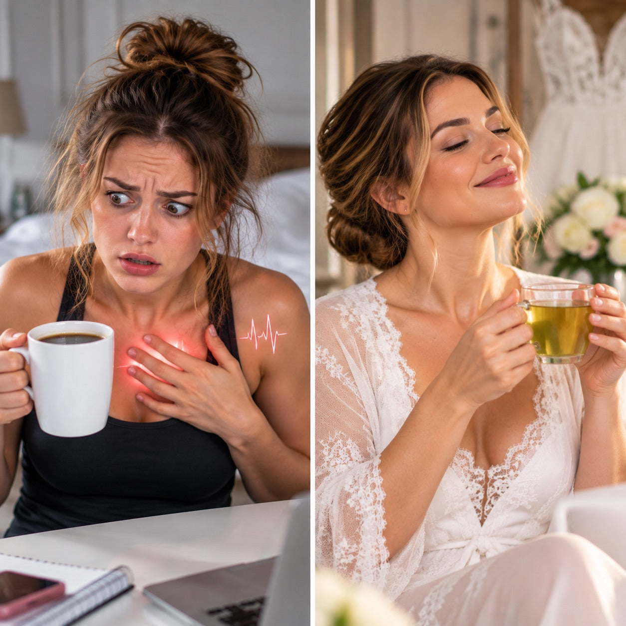 Illustration of a stressed bride with coffee beside a calm bride with tea